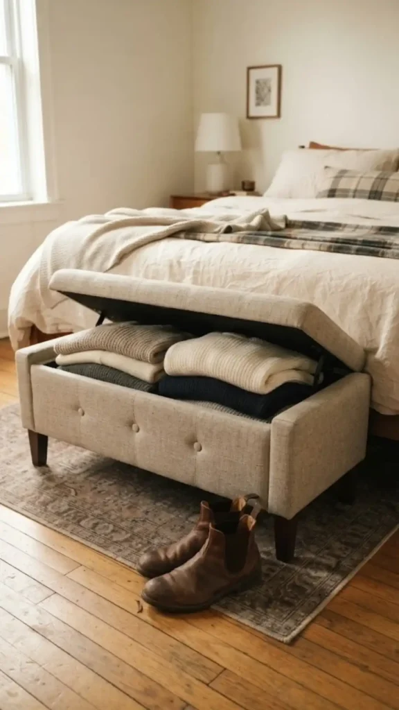 Storage bench at foot of bed