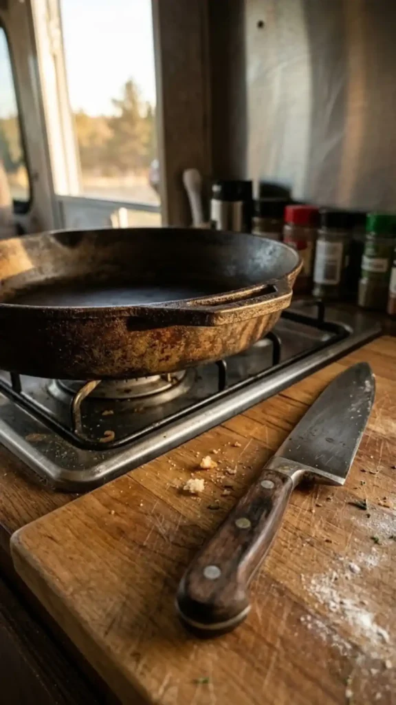 cast-iron skillet and chef's knife