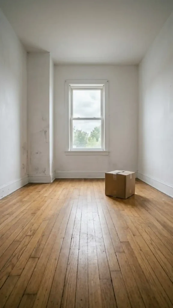 empty first apartment with cardboard box