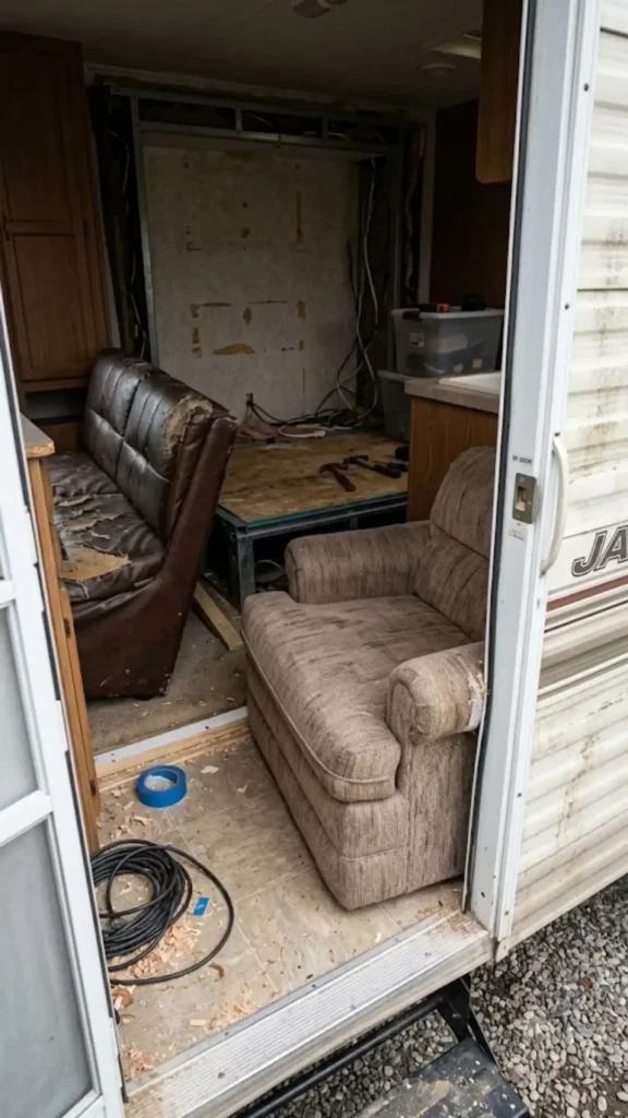 old peeling RV sofa