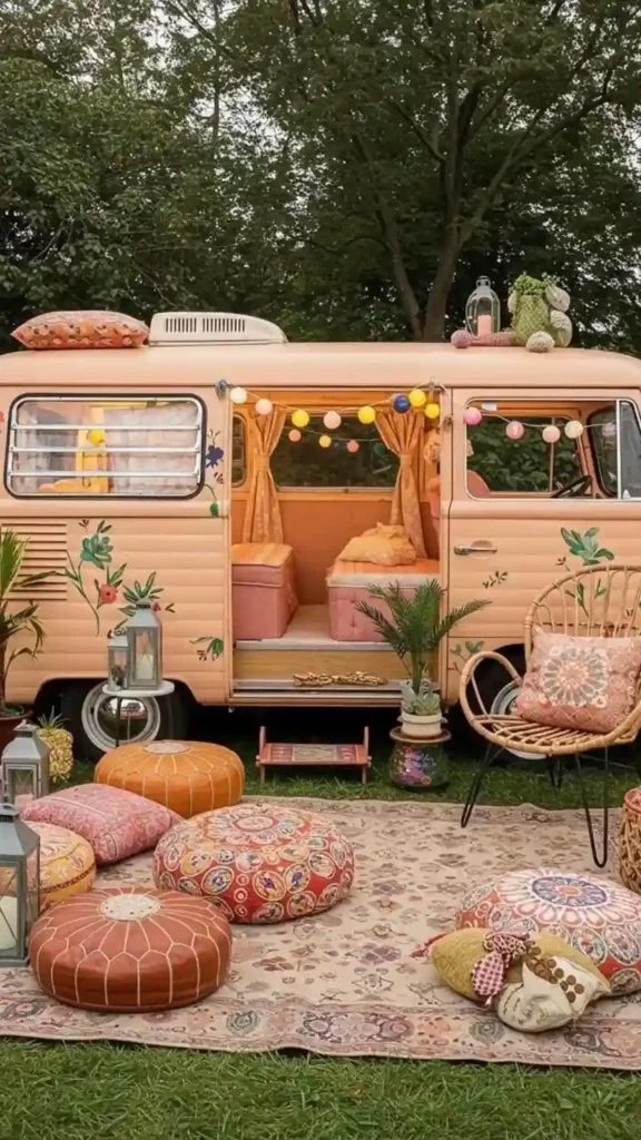 Bohemian Outdoor Living Room with Layered Rugs and Poufs