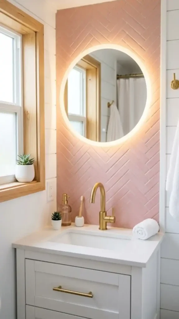 Compact RV Bathroom with Pink Herringbone Tile Stickers
