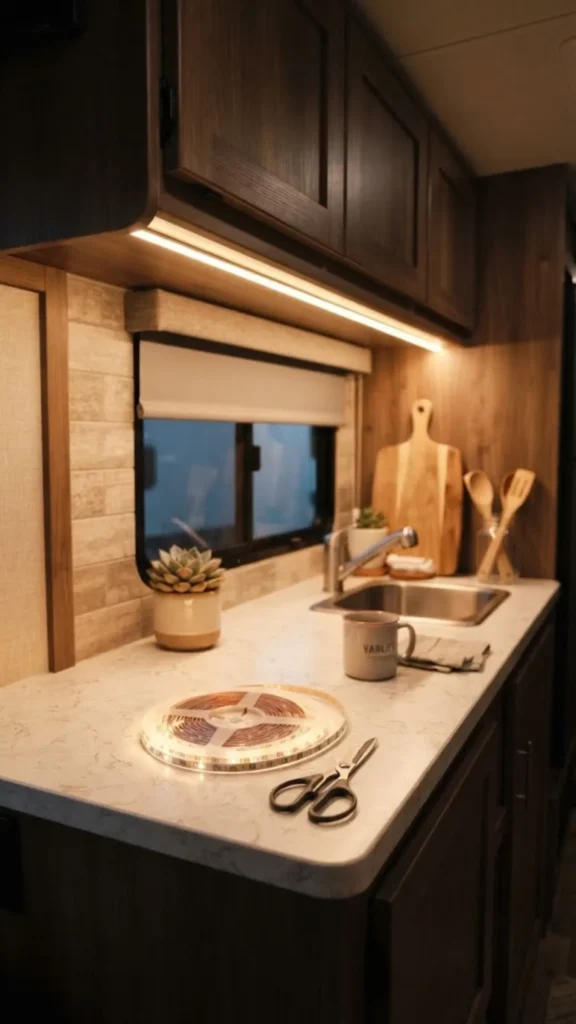 Install LED strip lighting under cabinets and benches