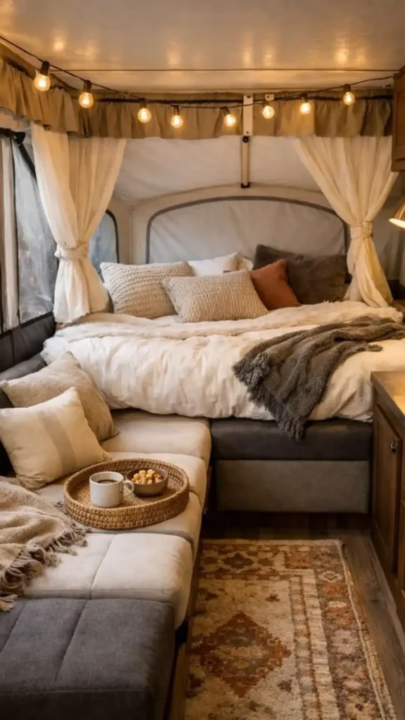 Layer String Lights Along Curtain Rods to Turn a Pop-Up Bed Nook Into Something Special