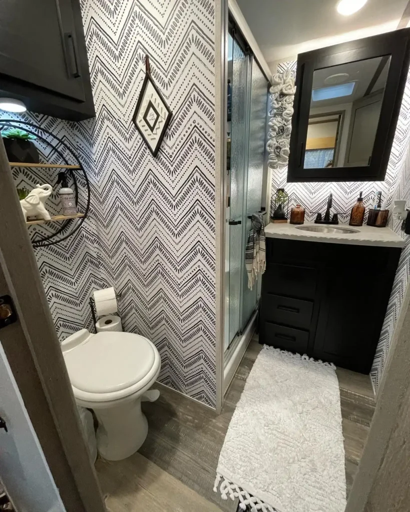 Long Narrow RV Bathroom Into Two Distinct Zones