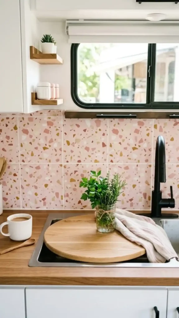 Modern Chic Energy with a Pink Terrazzo Backsplash