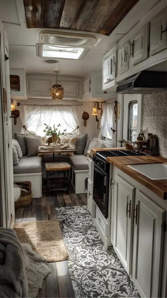 Pair Patterned Tile Flooring With Distressed White Cabinets for Old World Farmhouse