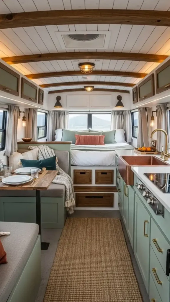Sage Cabinetry With a Copper Farmhouse Sink