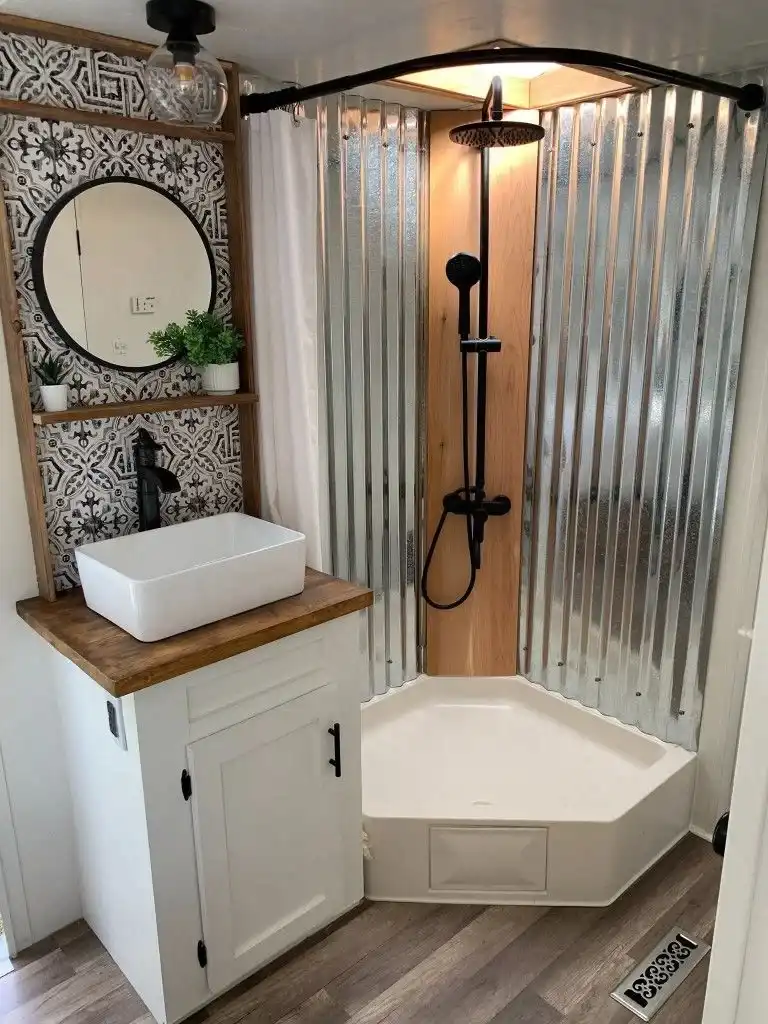 Shower Walls With Corrugated Metal for an Industrial Farmhouse