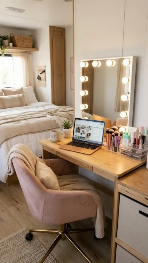 Smart Multi-Tasking Vanity and Workspace with a Hollywood Mirror