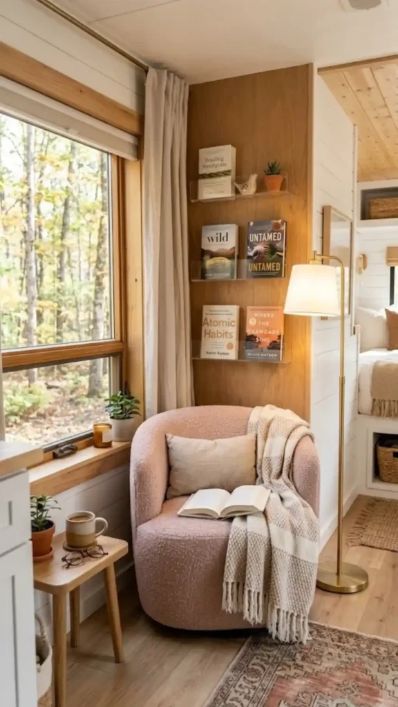 Unwinding Corner with a Blush Bouclé Swivel Chair