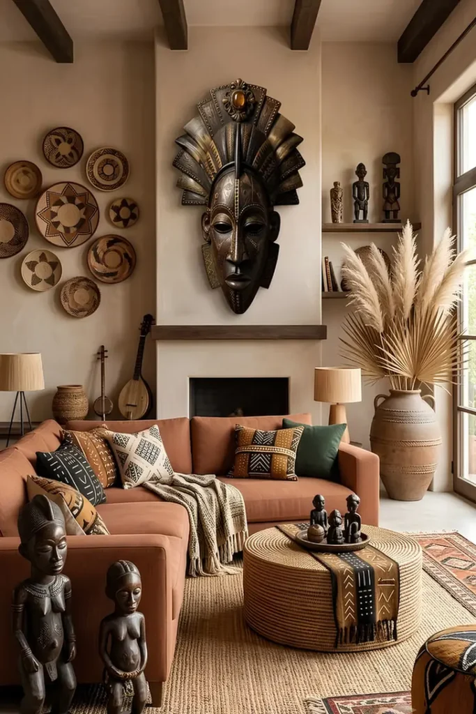A Ceremonial Mask Commands the Fireplace Wall