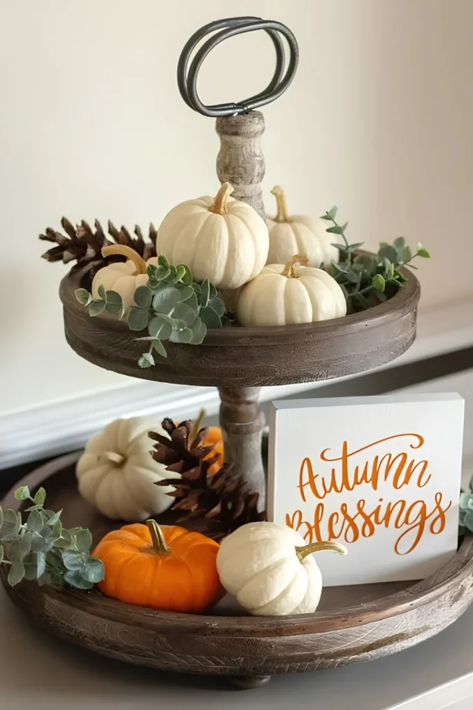 All White Pumpkins With Pinecones