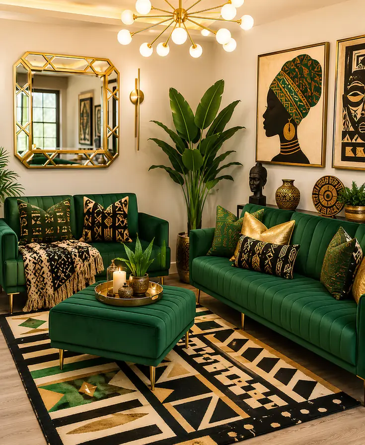 Bold Geometric Rug Ties Two Sofas