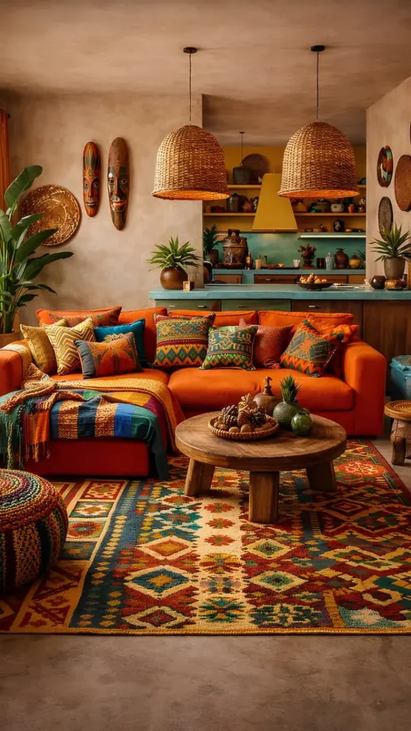 Bold Orange Sectional with Kilim Rug
