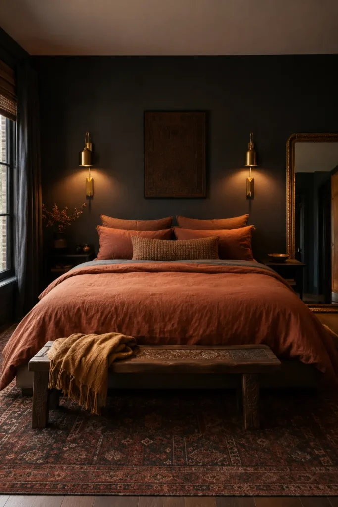 Brass Accents Against Charcoal Walls