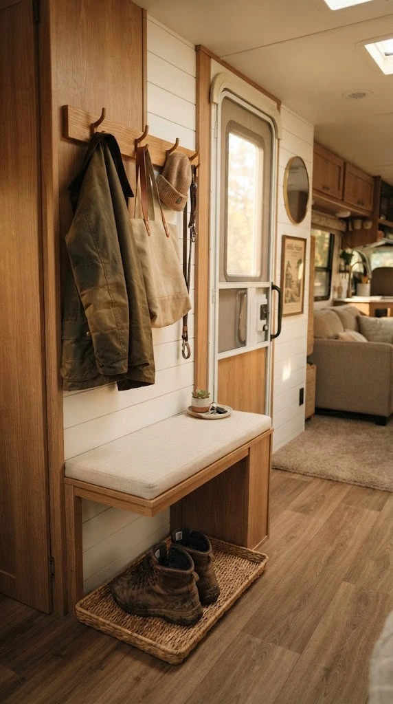 Build a Mini Mudroom With Wall Hooks and a Slim Bench by the Door