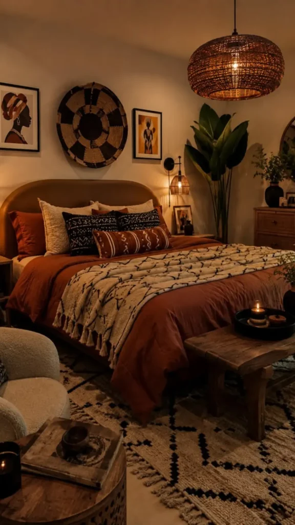 Cage Sconces Flank the Bed