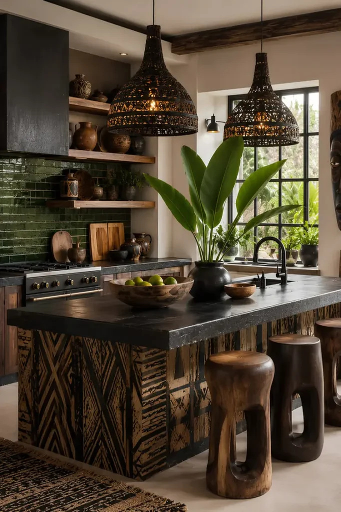 Carved Stone Island With Sculptural Stools