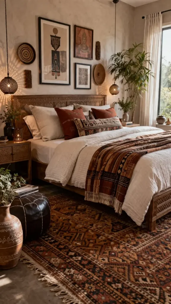 Carved Wood Bed, Global Rug