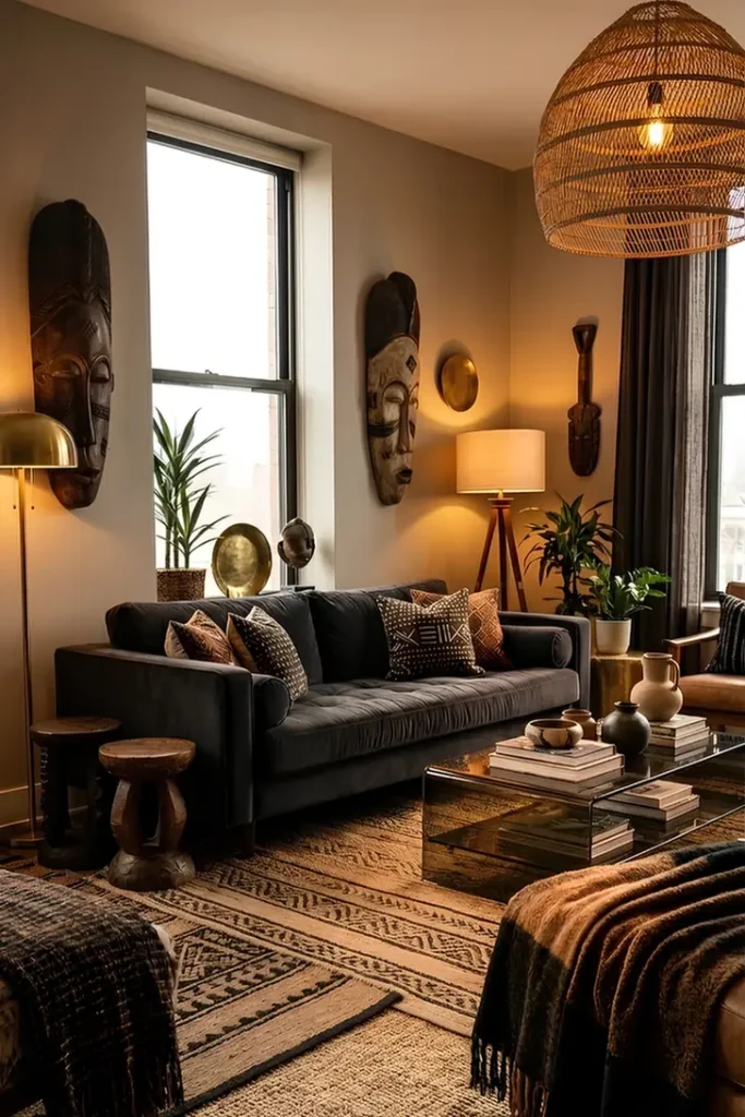 Charcoal Sofa With Golden Brass Accents