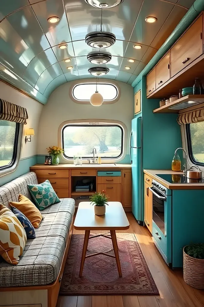 Chrome Pendant Ceiling With Teal Cabinets