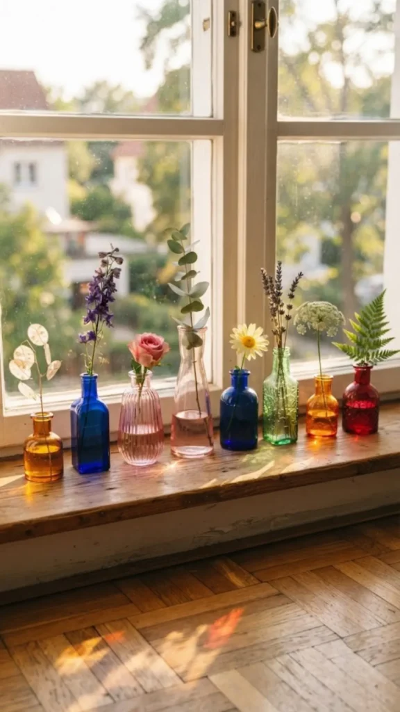 Colored Glass Bud Vases on a Sill
