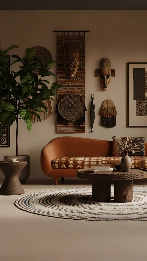 Curved Terracotta Sofa with Woven Wall
