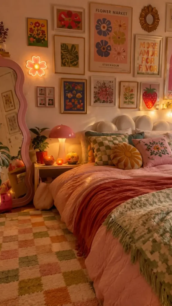 Curvy Mirror Anchors Pink Bedroom