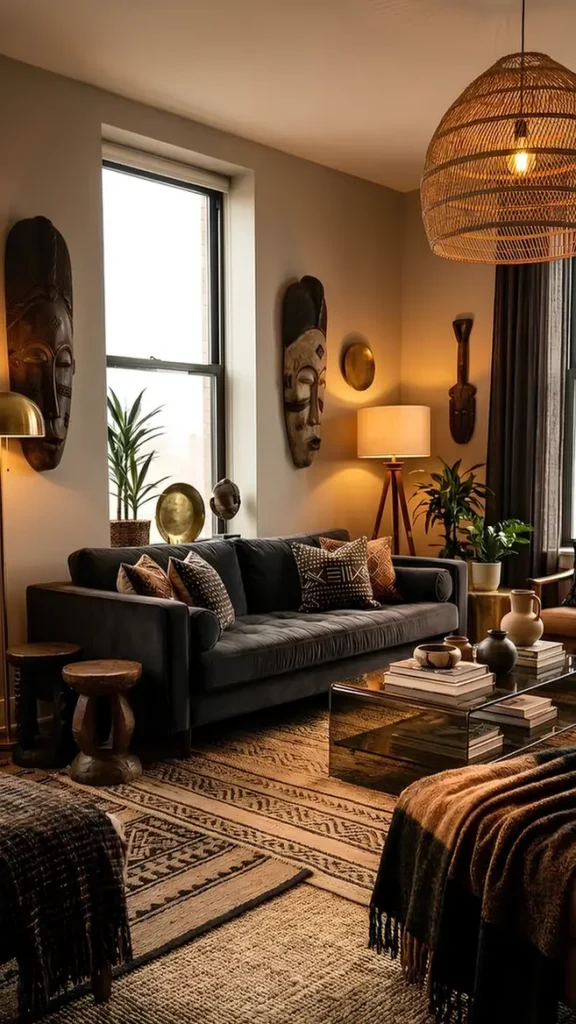Dark Sofa with Bamileke Mask Trio
