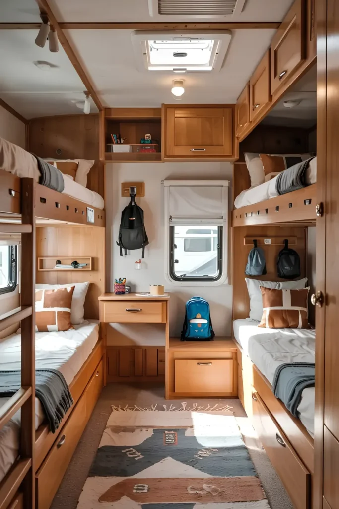 A Built-In Desk Splits Two Bunks