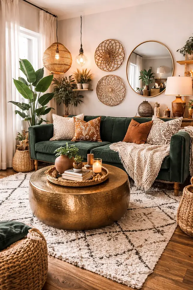 Emerald Velvet Meets Brass and Rattan