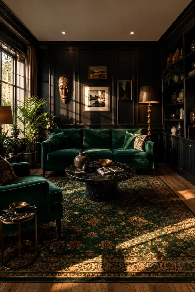 Emerald Velvet Meets Warm Brass Light