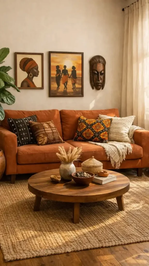 Framed Portraits Over Rust Sofa