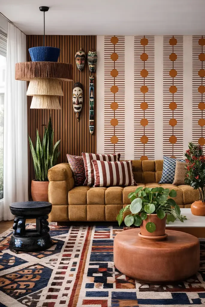 Graphic Wallpaper Meets Wood Paneling