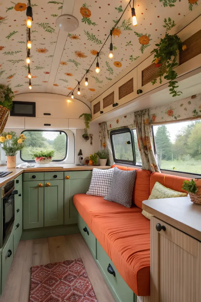 Green Cabinetry With Floral Ceiling