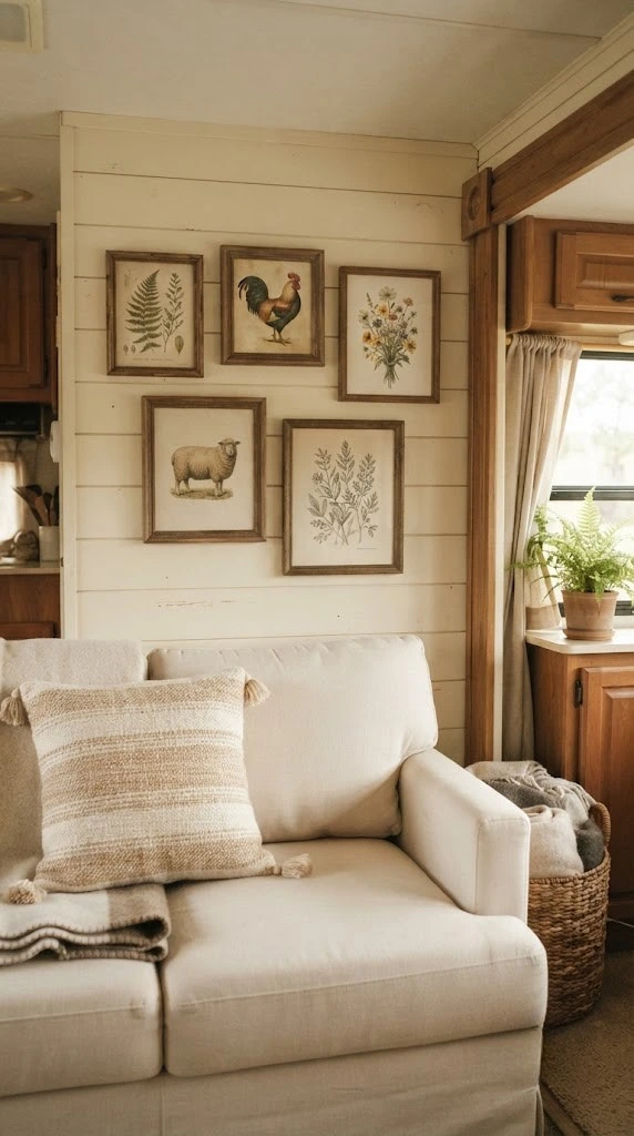Hang a Small Gallery Wall of Vintage Farm Prints Above the Sofa