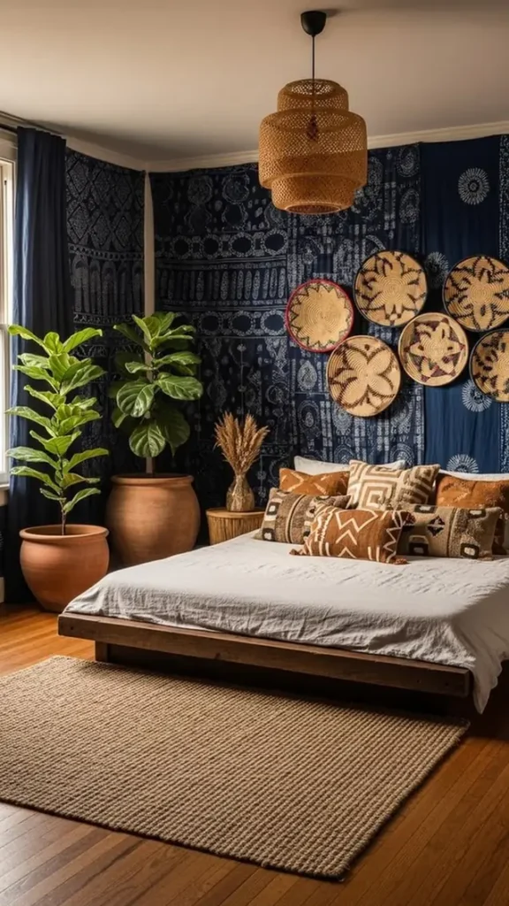 Indigo Fabric Wall, Fiddle Leaf Trees