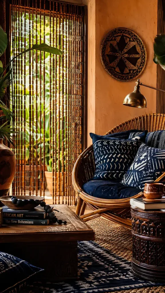 Indigo Mudcloth on a Rattan Chair
