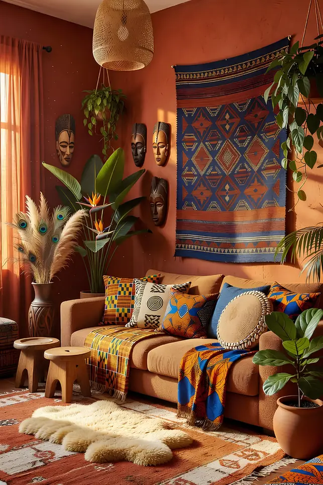 Kente Prints Pop Against Terracotta Walls