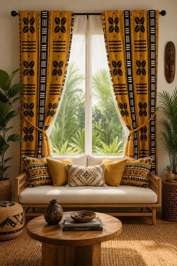 Mustard Mudcloth Curtains With Tiebacks