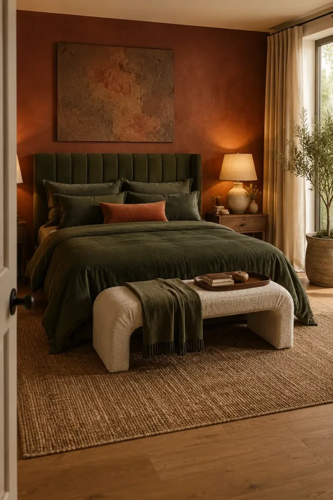 Olive Velvet With Boucle Bench