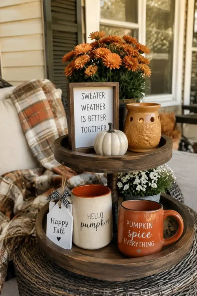 Porch Tray With Real Mums And Wax Warmer