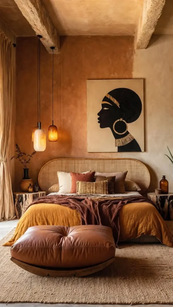 Portrait Art Above Rattan Headboard