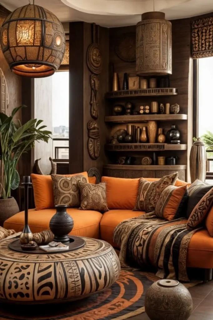 Sculptural Pendants Over Orange Sofa