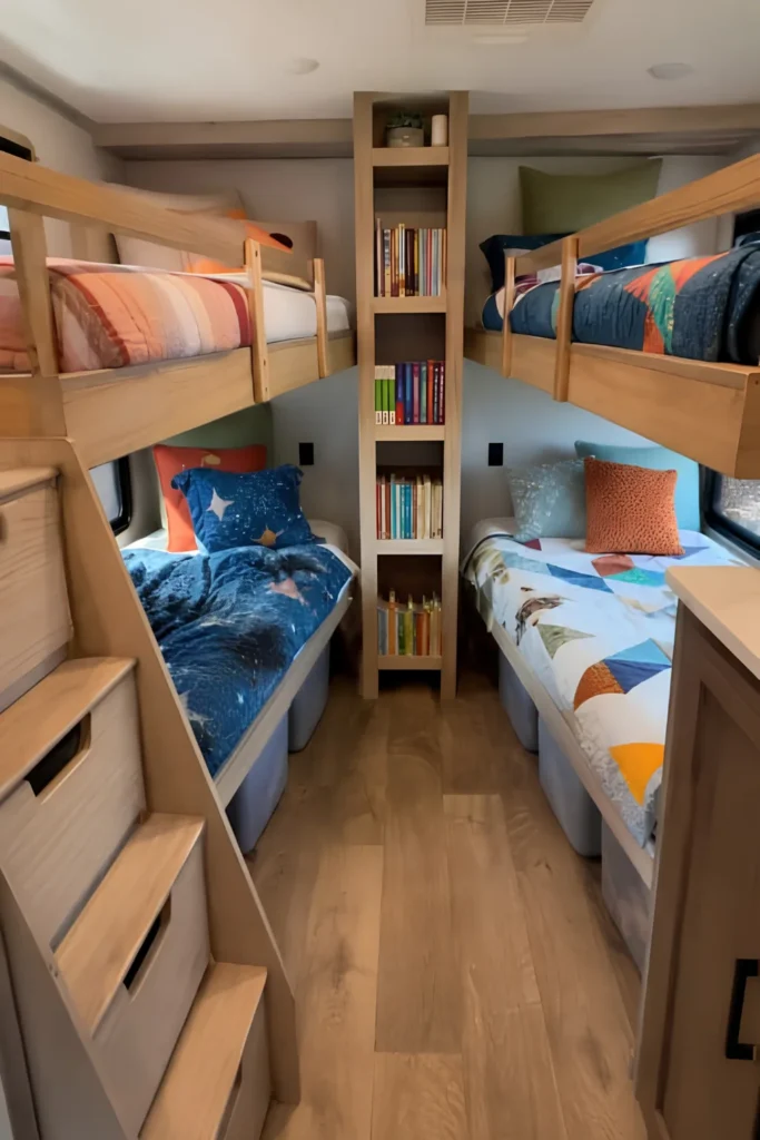 A Slim Bookshelf Fills The Gap Between Beds