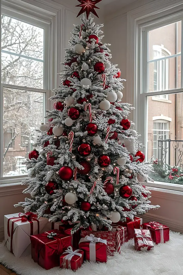 Snow-Flocked Red And White Tree