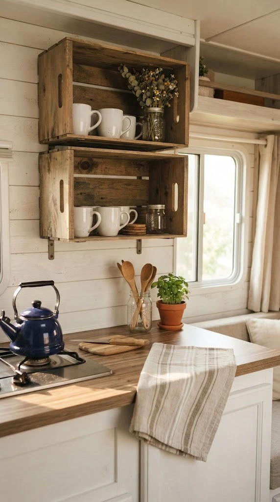 Stack Vintage Crates as Open Shelving Above the Kitchen Counter