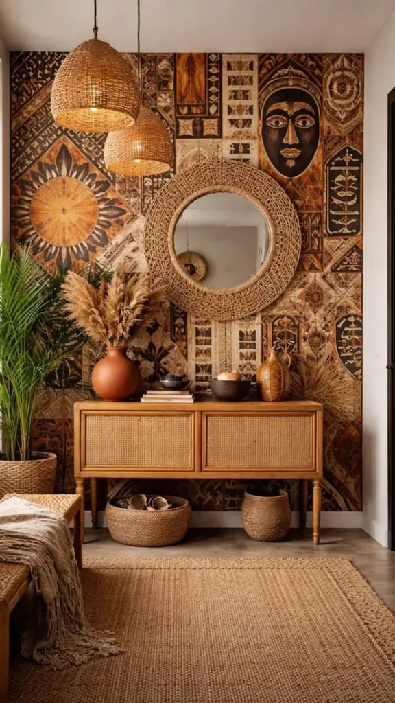Tapestry Wall Meets Rattan Mirror
