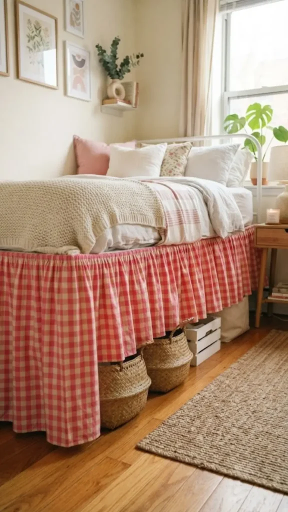Tension Rod Curtain Skirting a Bed Frame